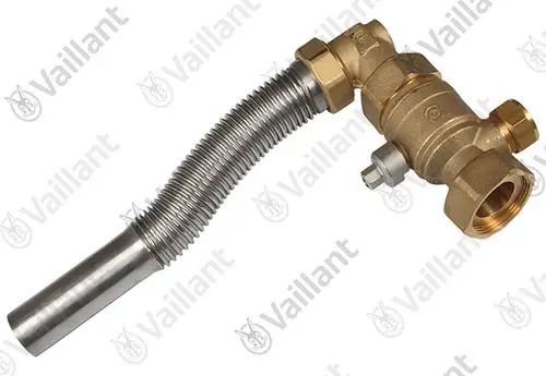 Flexible Verbindung mit metallischem Schlauch und Messanschluss, Vaillant Ventil aus Messing, befindet sich in horizontaler Ausrichtung.